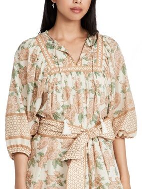 Cleobella Floral Tie-Waist Tunic — Cream, Beige, Green